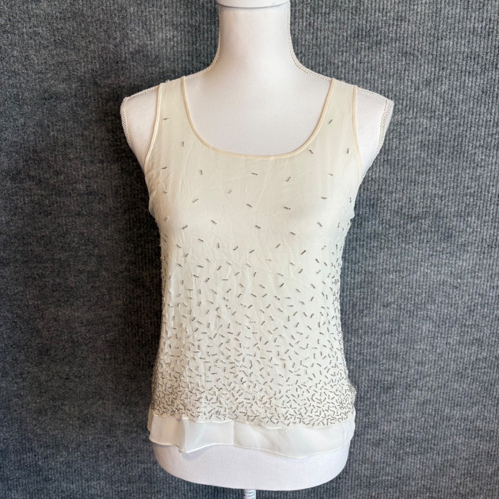 Jones New York Ivory 100% Silk Beaded Tank Top Womens 4 Y2K Evening